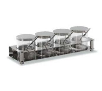 CONDIMENT SET S/STEEL INCLUDES: 4 JARS + SPOONS +TRAY