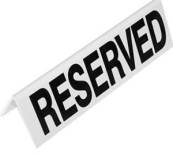 RESERVED TABLE SIGN – PLASTIC – WHITE