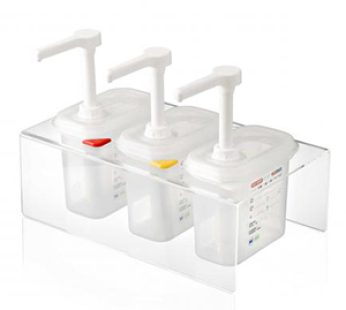 SAUCE DISPENSER SET WITH CLEAR STAND 380X225X195mm ARAVEN